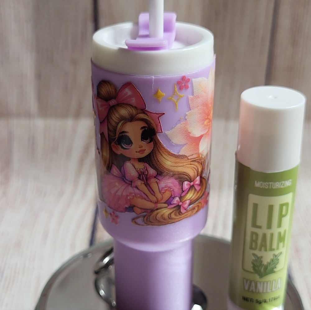 Mini Tumbler Keychain With Repunzel Decal. Lip Balm Not Included.